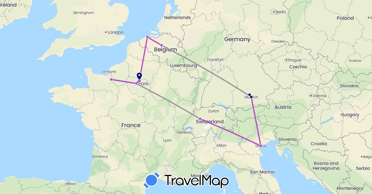 TravelMap itinerary: driving, plane, train in Belgium, Switzerland, Germany, France, Italy (Europe)